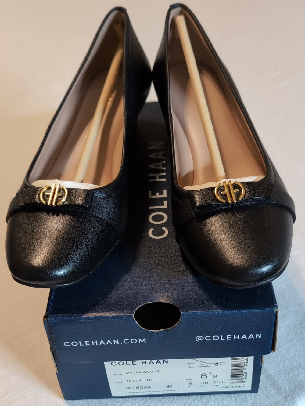Cole Haan Black Malta Wedge Leather Ballet Flats with Gold Logo Detail Sz. 8.5